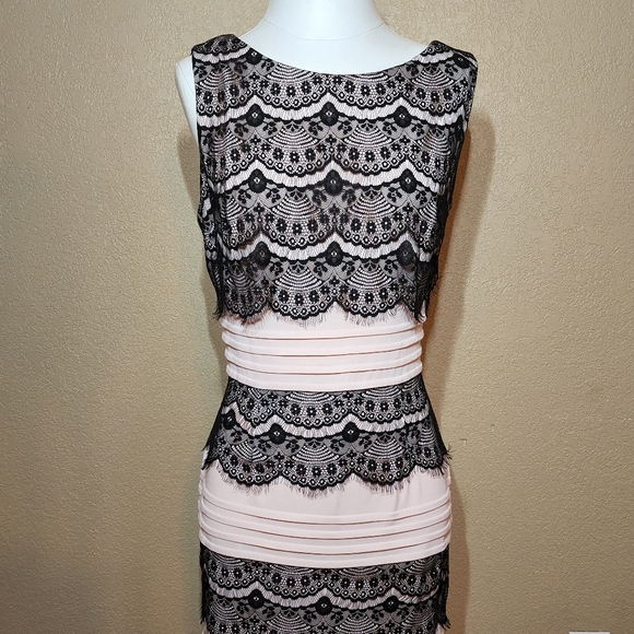 Versona Dresses & Skirts - VERSONA Pink Midi Dress With Black Lace Overlay Size 14